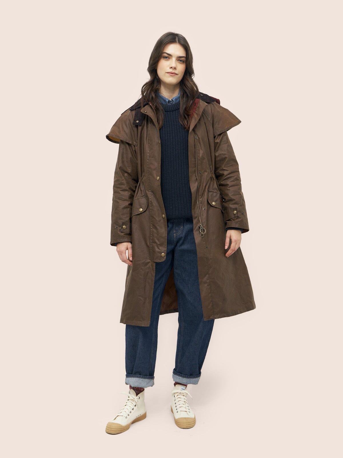 Bala Made in England Waxed Cotton Long Trench Coat in Dark Tan Outerwear- Gandys