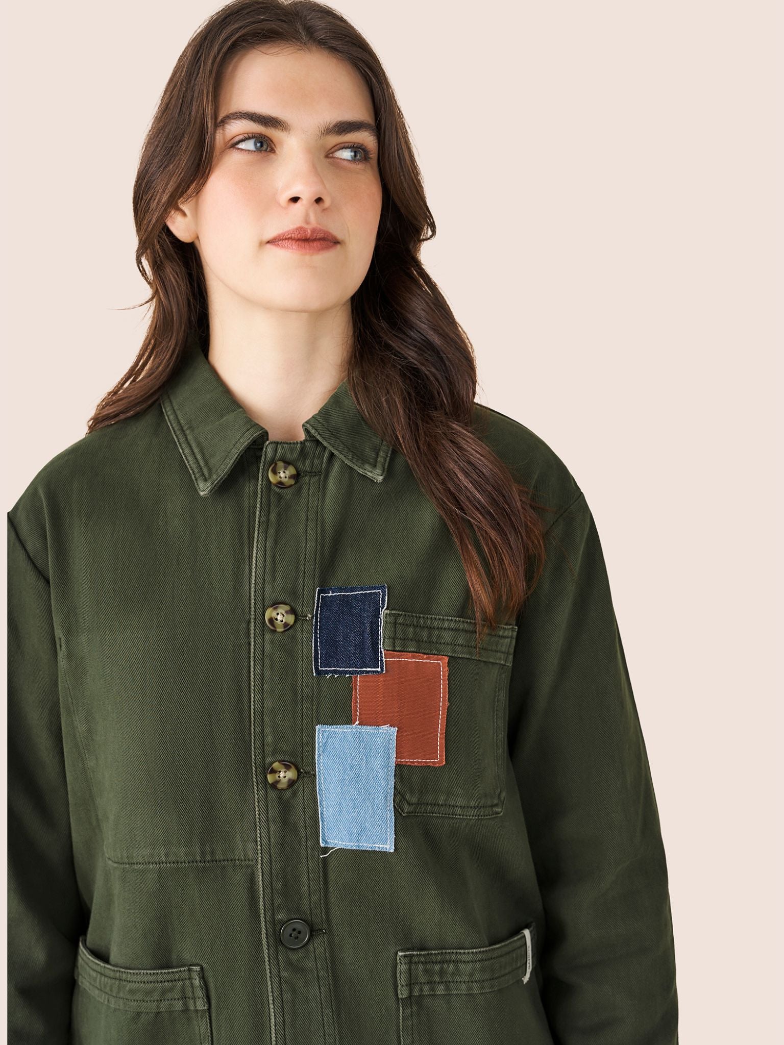 Brecon Cotton Patched Chore Jacket in Green Outerwear- Gandys