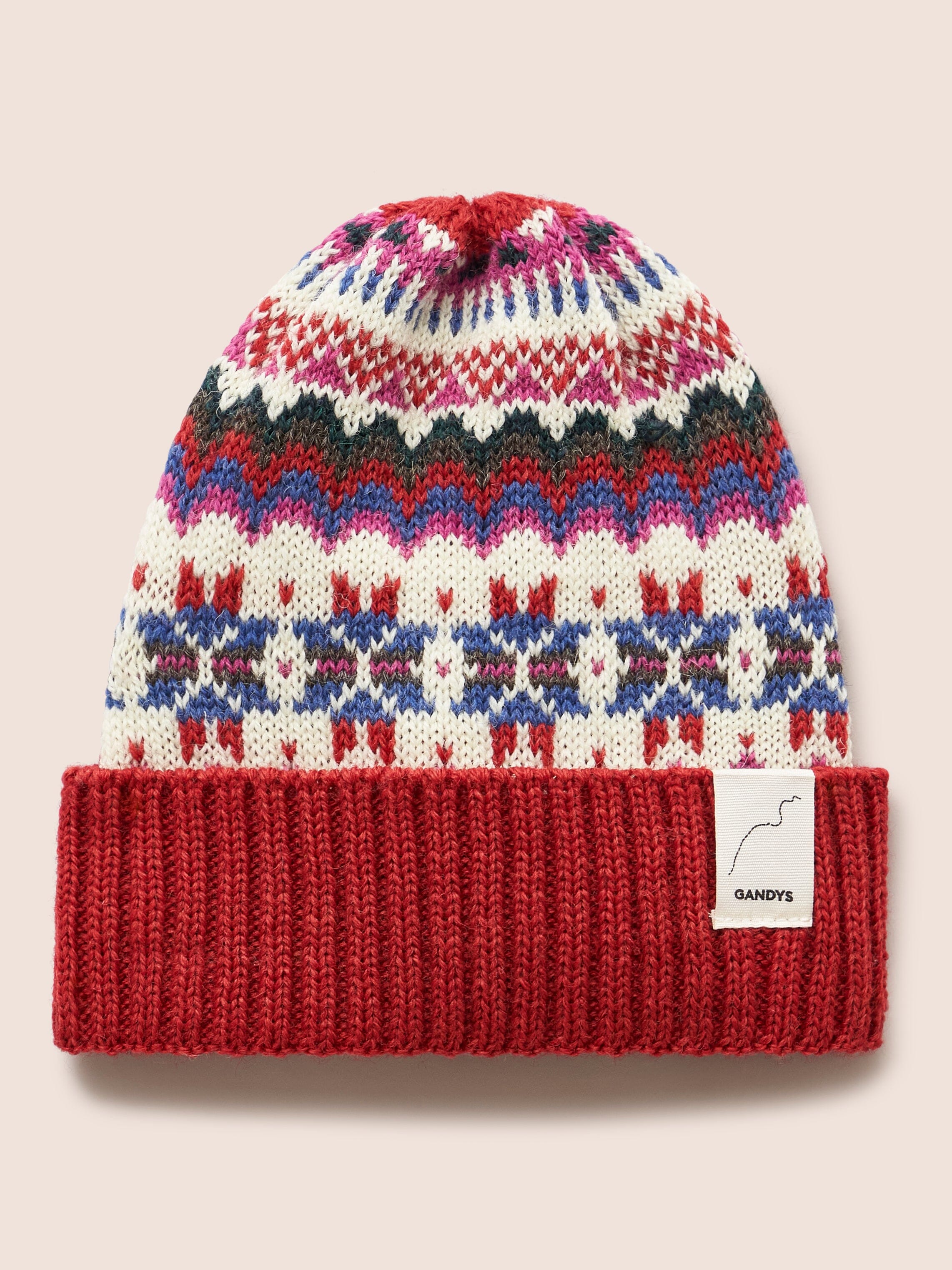 Isla Made in England Faire Isle Hat in Red Accessories- Gandys