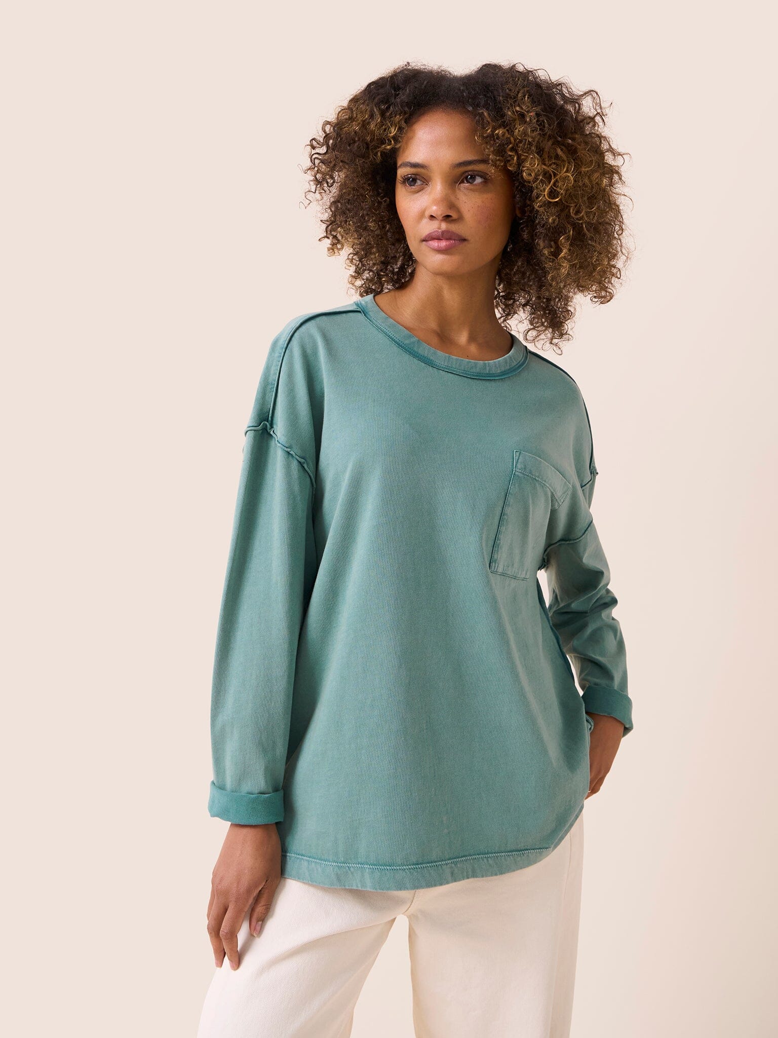 Lao Cotton Long Sleeve Pocket T-Shirt in Turquoise T-Shirts- Gandys
