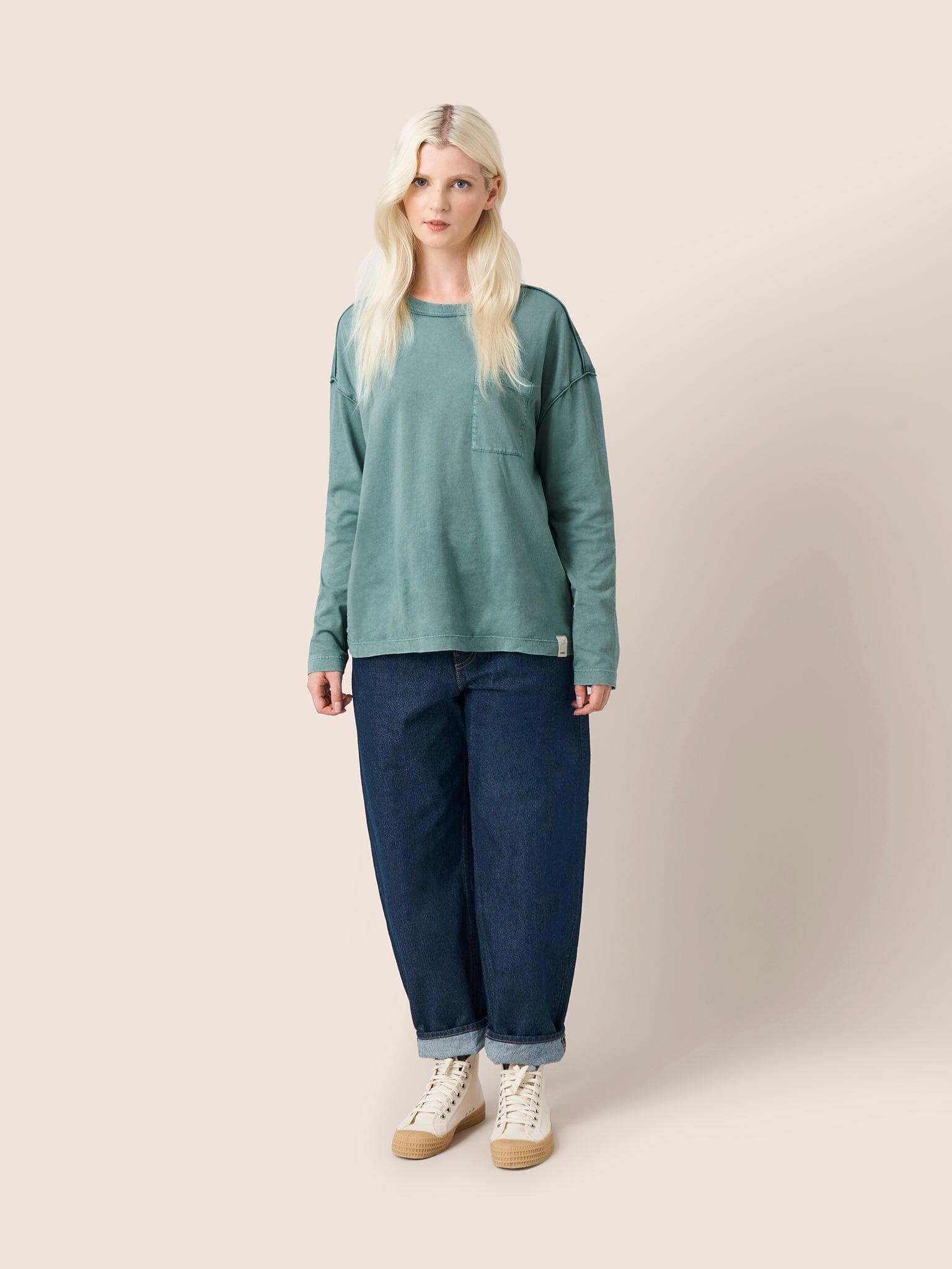 Lao Organic Cotton Long Sleeve Pocket T-Shirt in Turquoise T-Shirts- Gandys