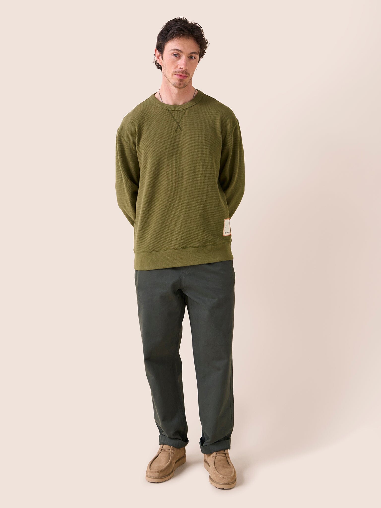 Luzon Organic Cotton Waffle Crew Neck Jumper in Khaki Layering- Gandys