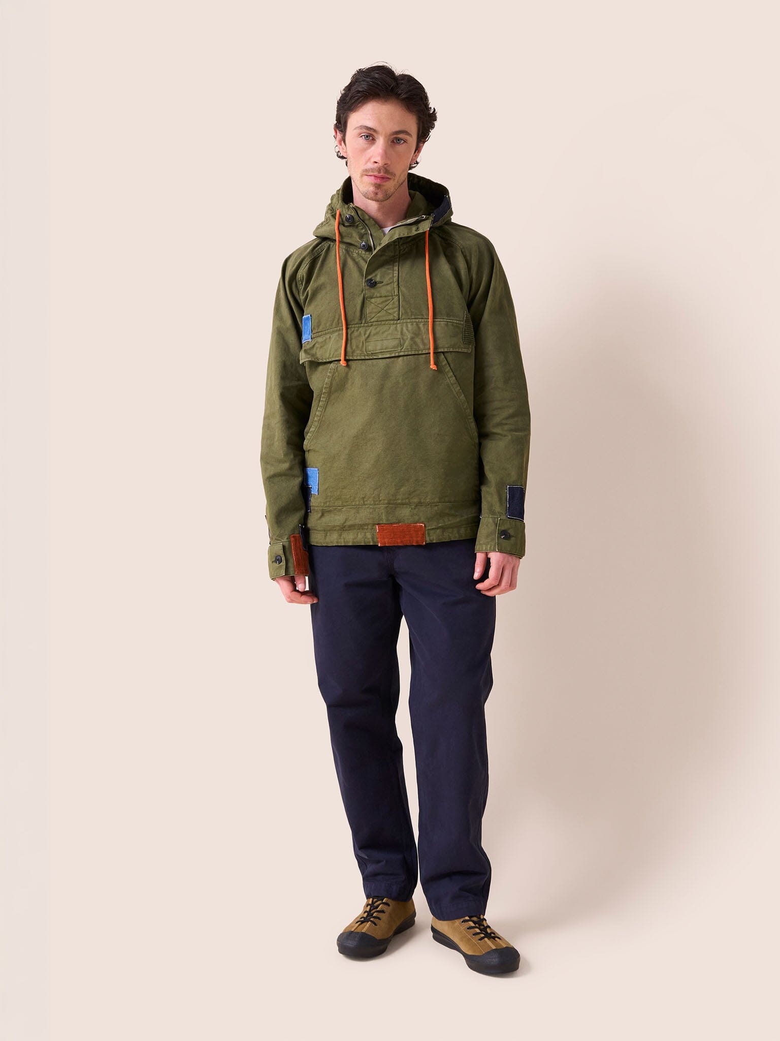 Oslo Cotton Patchwork Overhead Parka Jacket in Khaki Outerwear- Gandys