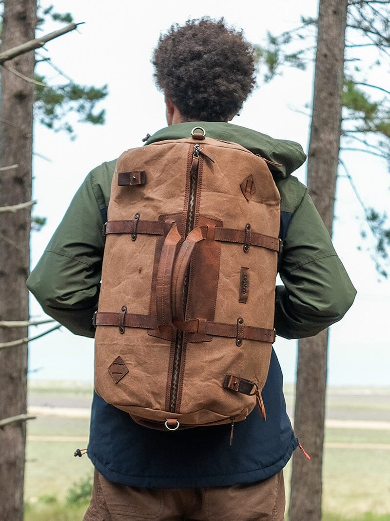 Waxed Cotton Duffle Backpack in Sand Bags- Gandys