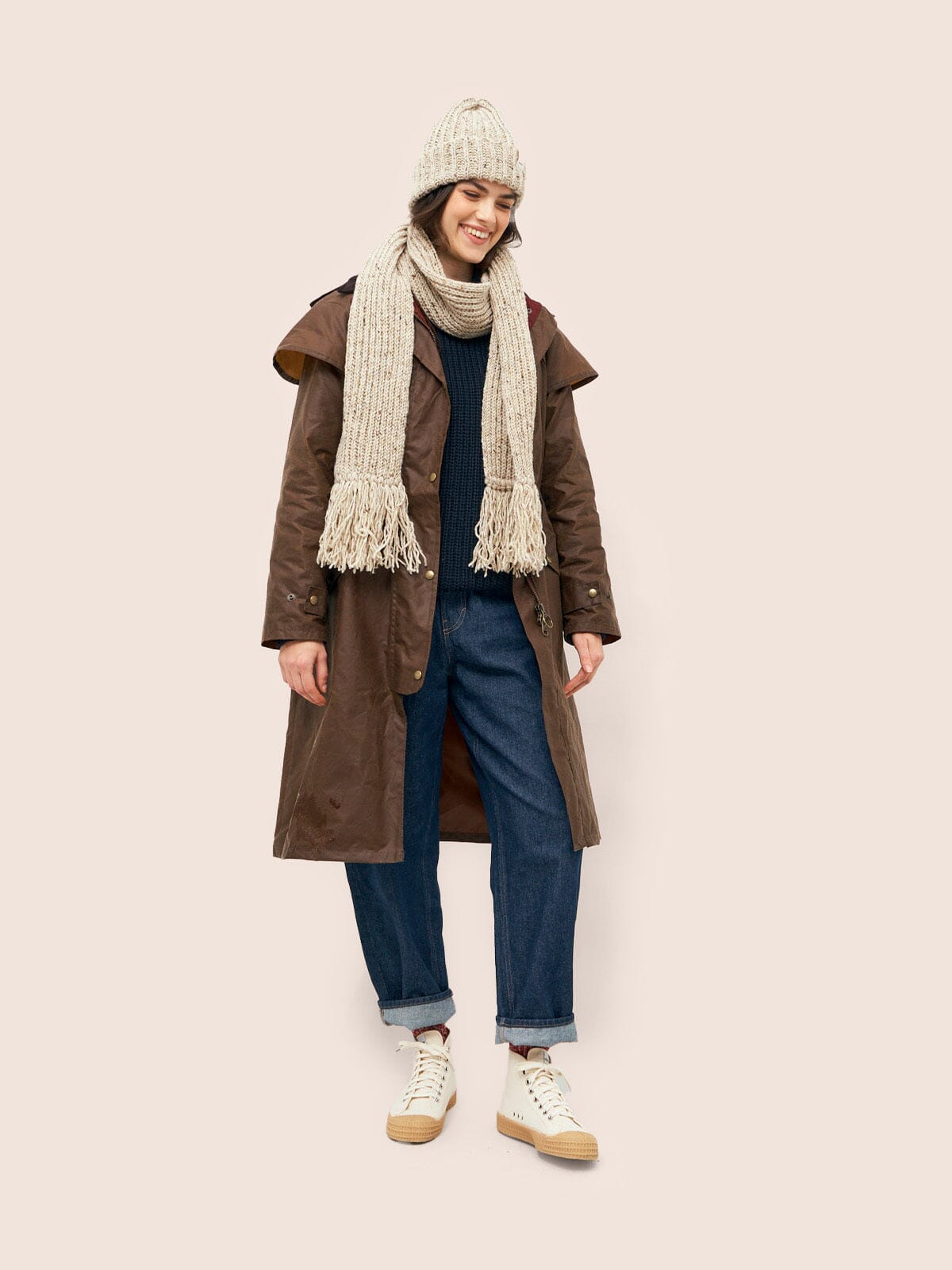 Bala Made in England Waxed Cotton Long Trench Coat in Dark Tan Outerwear- Gandys