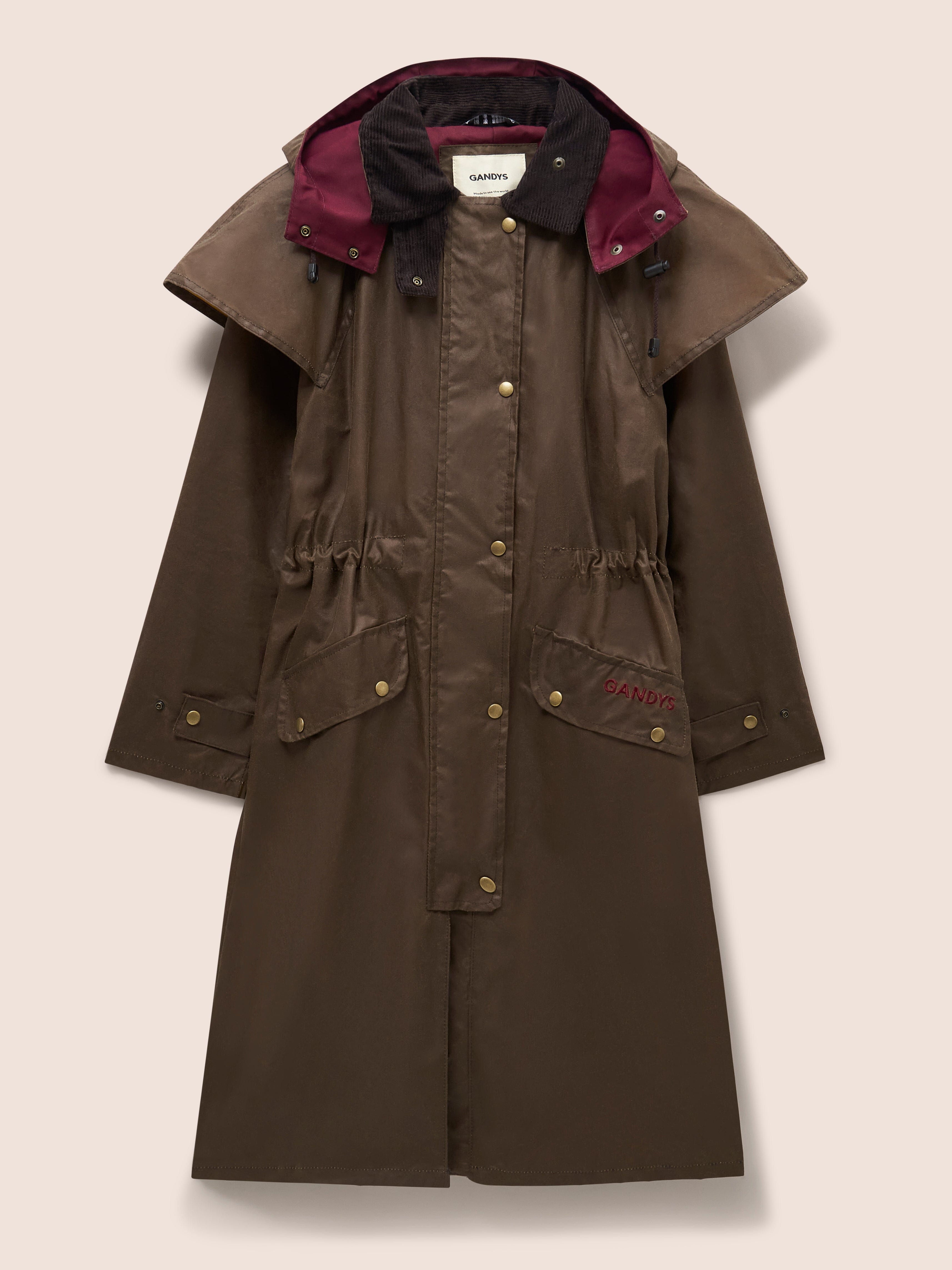 Bala Waxed Cotton Long Trench Coat in Dark Tan Outerwear- Gandys