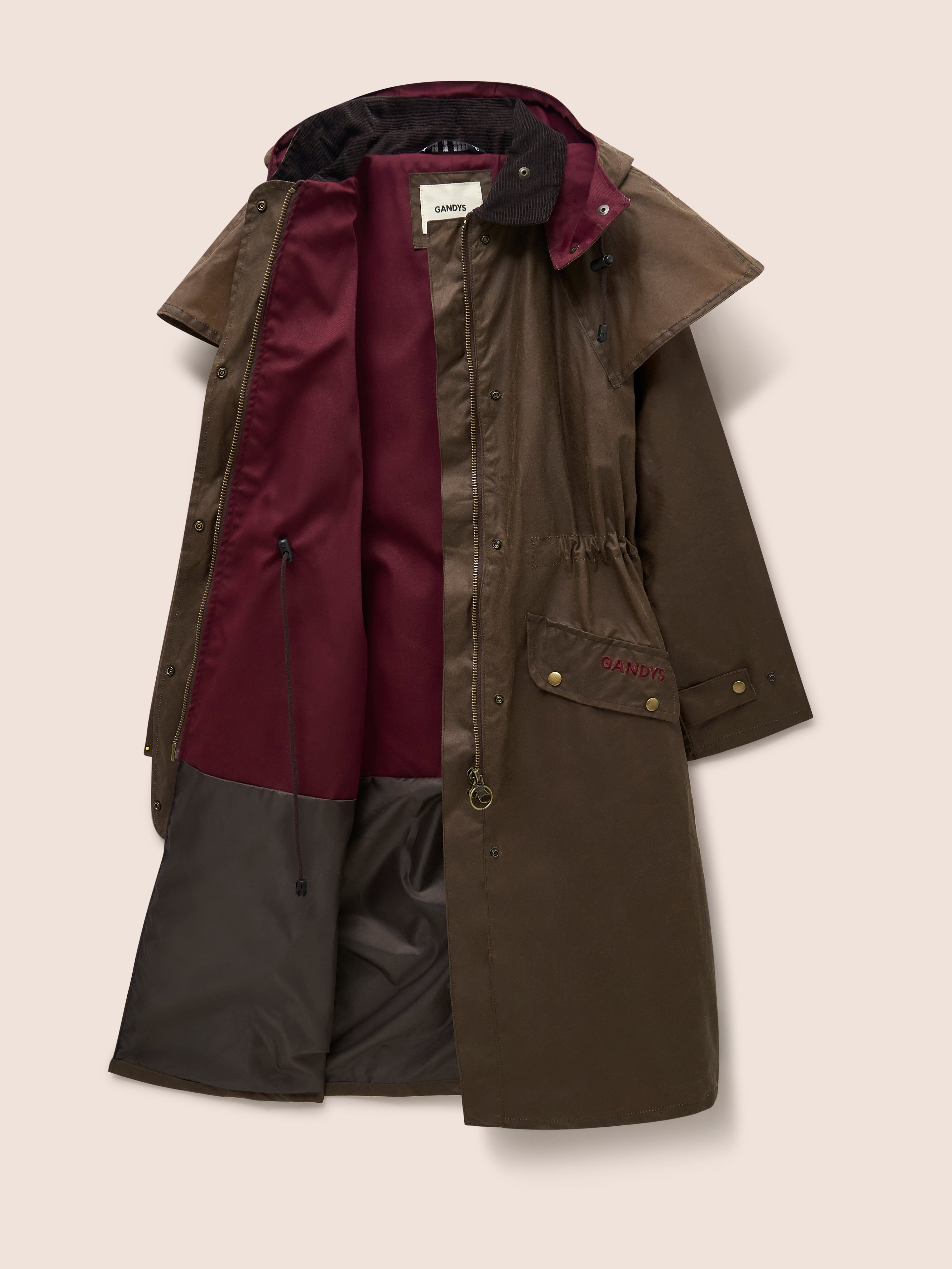 Bala Waxed Cotton Long Trench Coat in Dark Tan Outerwear- Gandys