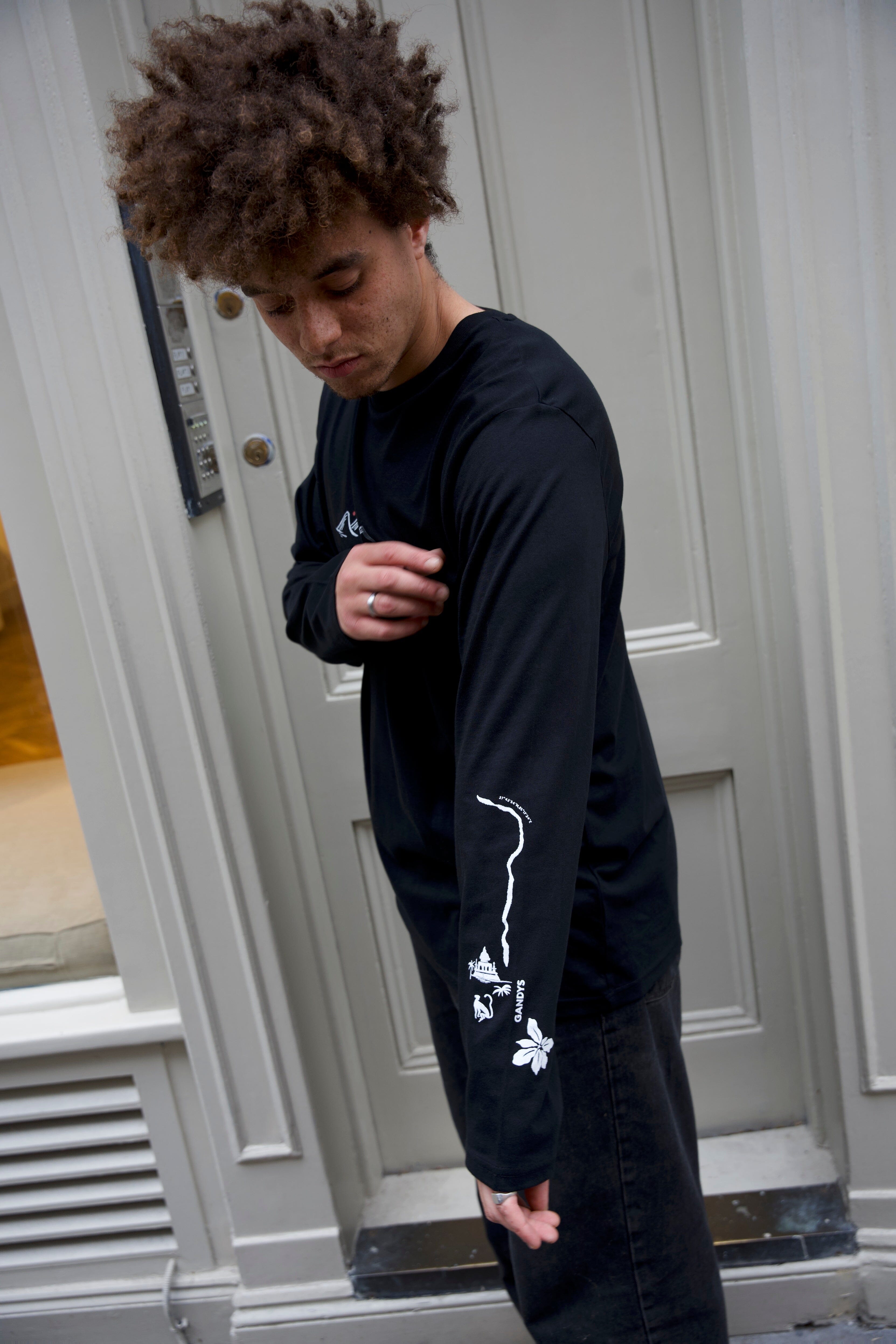 Black Nepal Long Sleeve Campus T-Shirt T-Shirts- Gandys