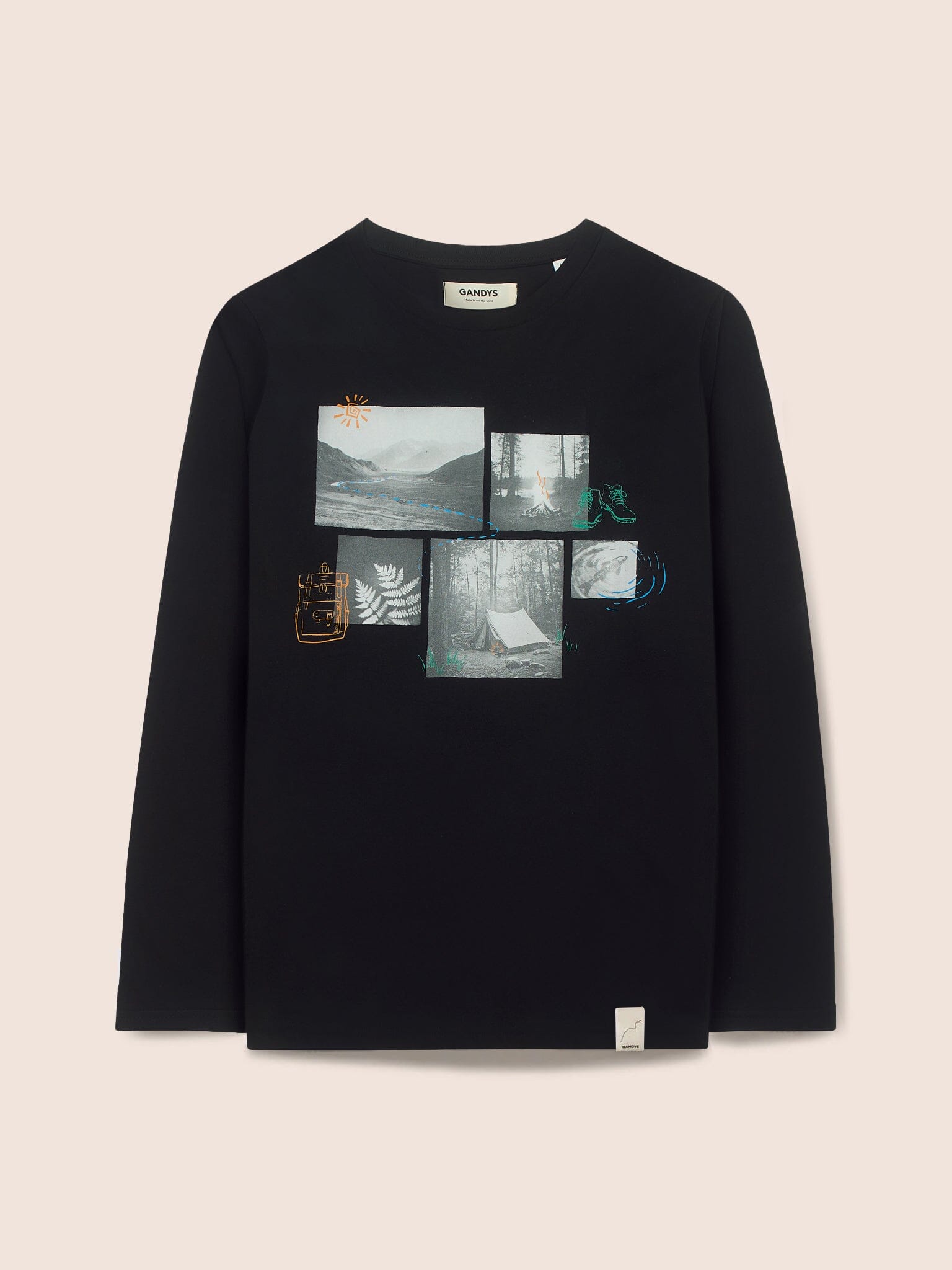Camping Long Sleeve T-Shirt in Black T-Shirts- Gandys