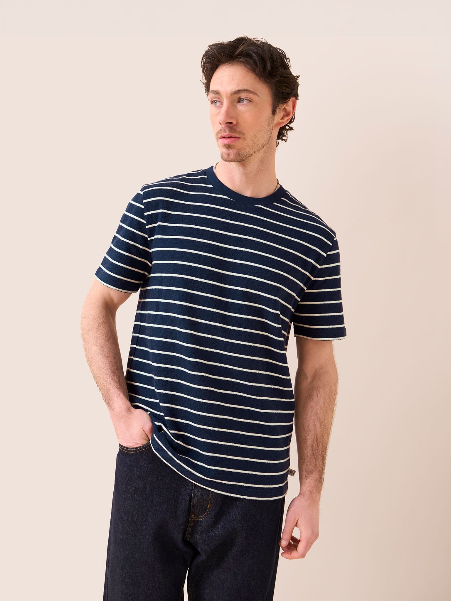 Lucca Classic Organic Cotton Short Sleeve T-Shirt in Navy Stripe T-Shirts- Gandys