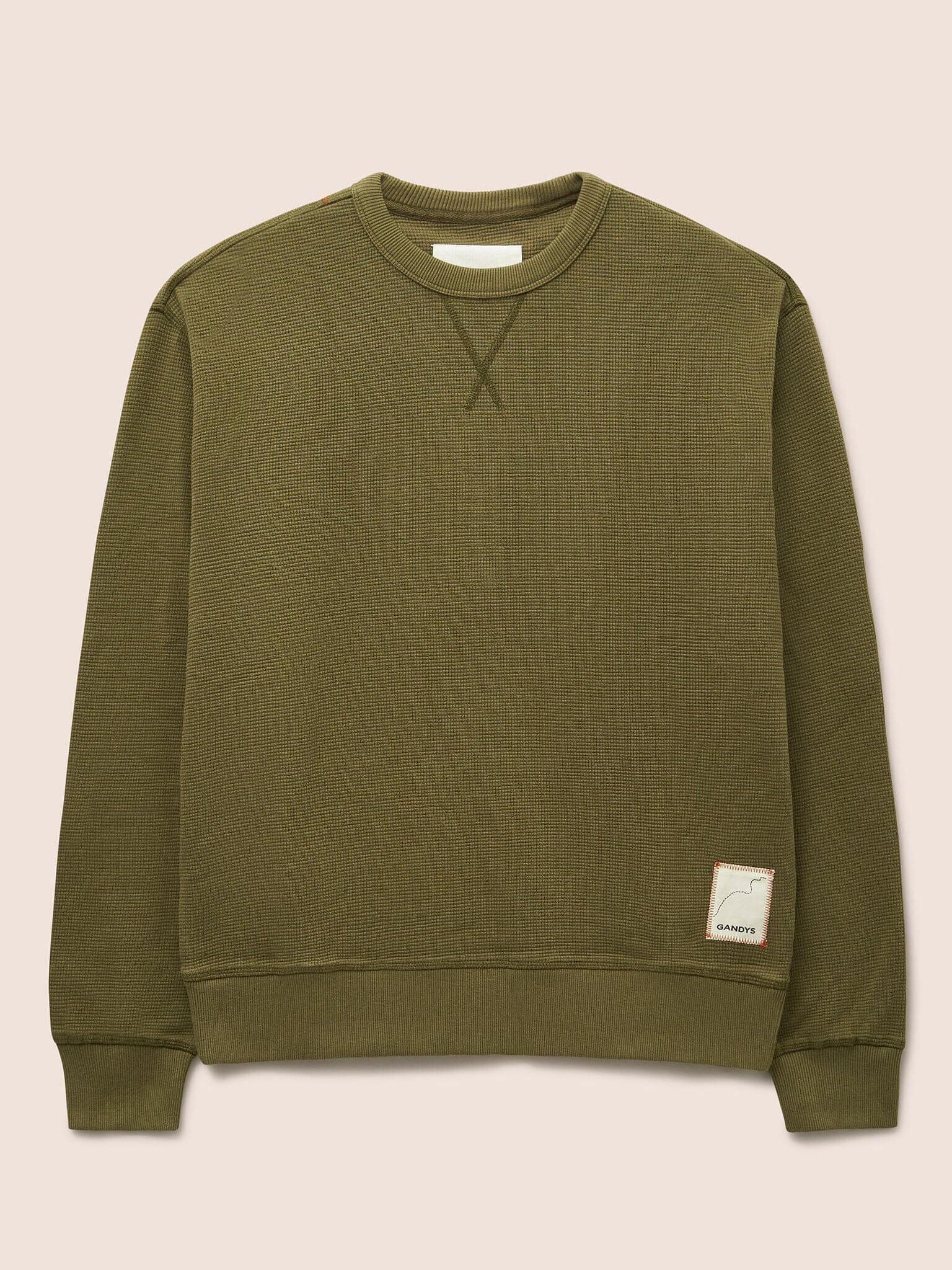 Luzon Organic Cotton Waffle Crew Neck Jumper in Khaki Layering- Gandys