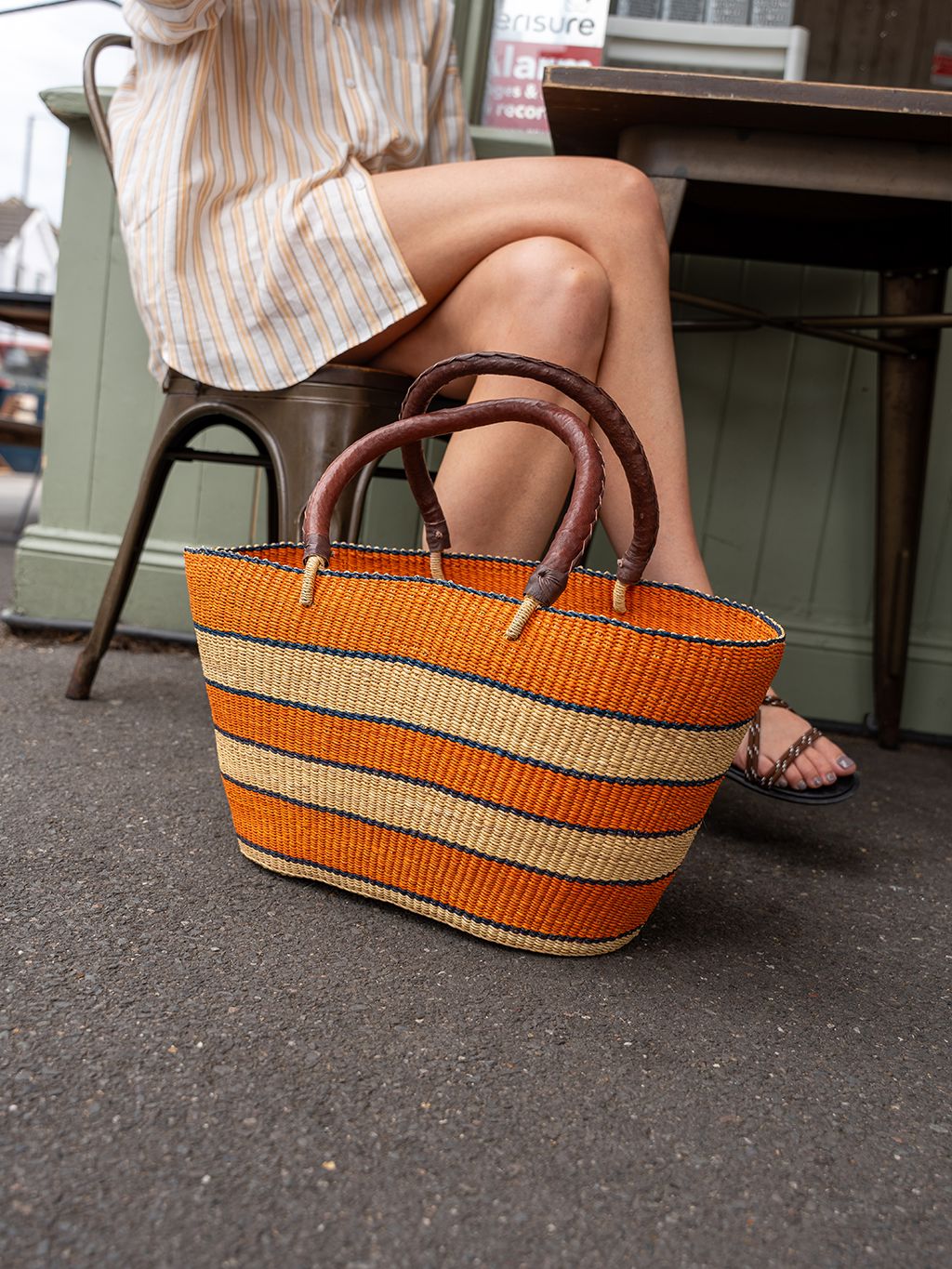 Orange Striped Tote Basket Bags- Gandys