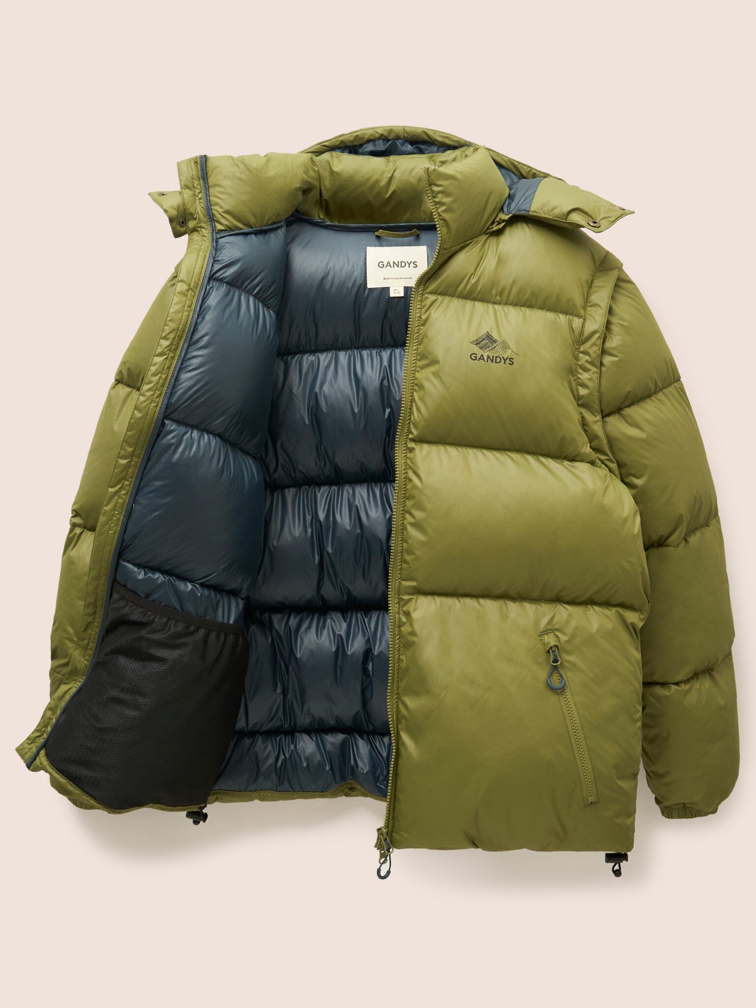 Orkney Multiway Detachable Sleeves Puffer Coat in Khaki Outerwear- Gandys