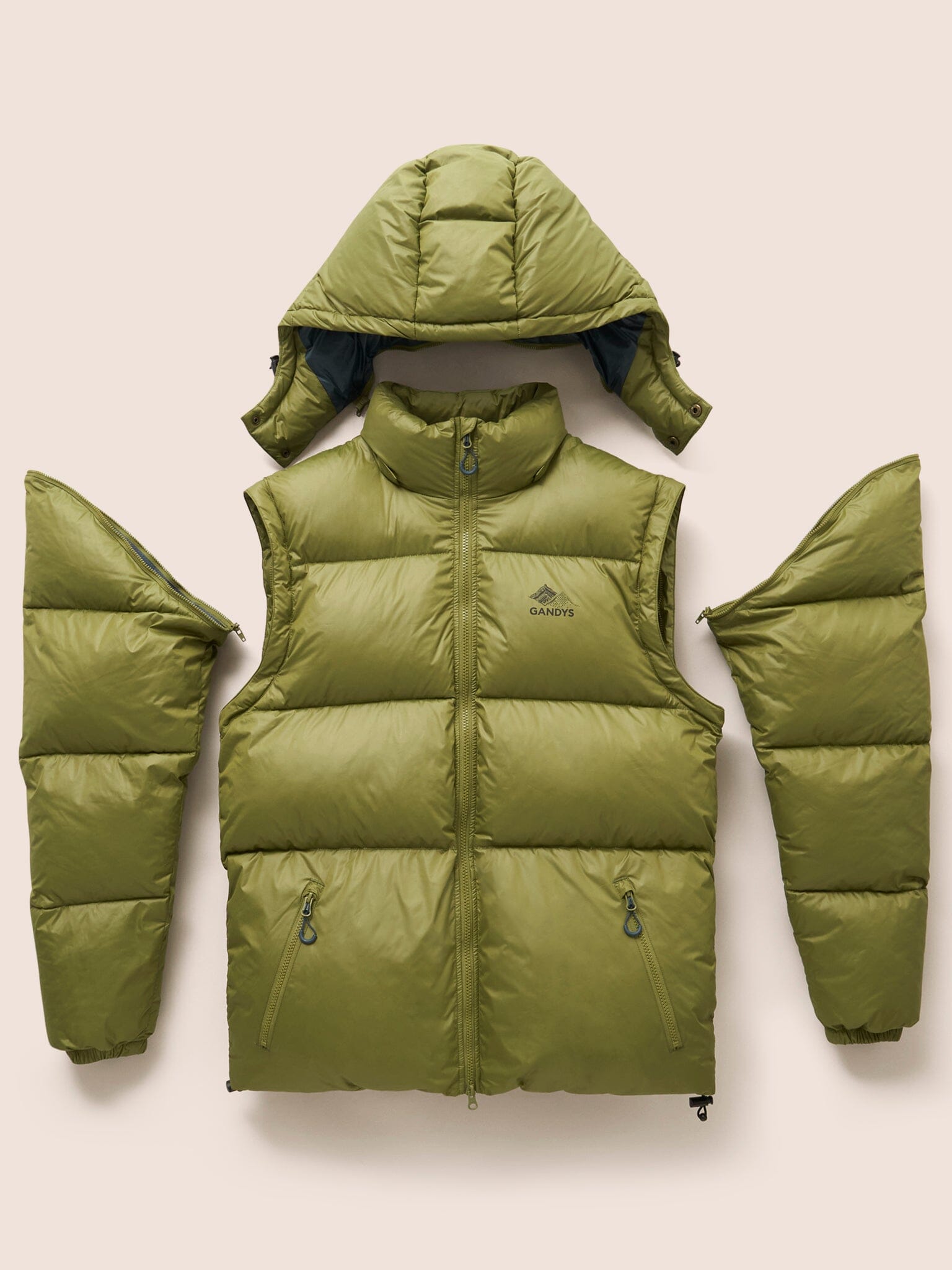 Orkney Multiway Detachable Sleeves Puffer Coat in Khaki Outerwear- Gandys