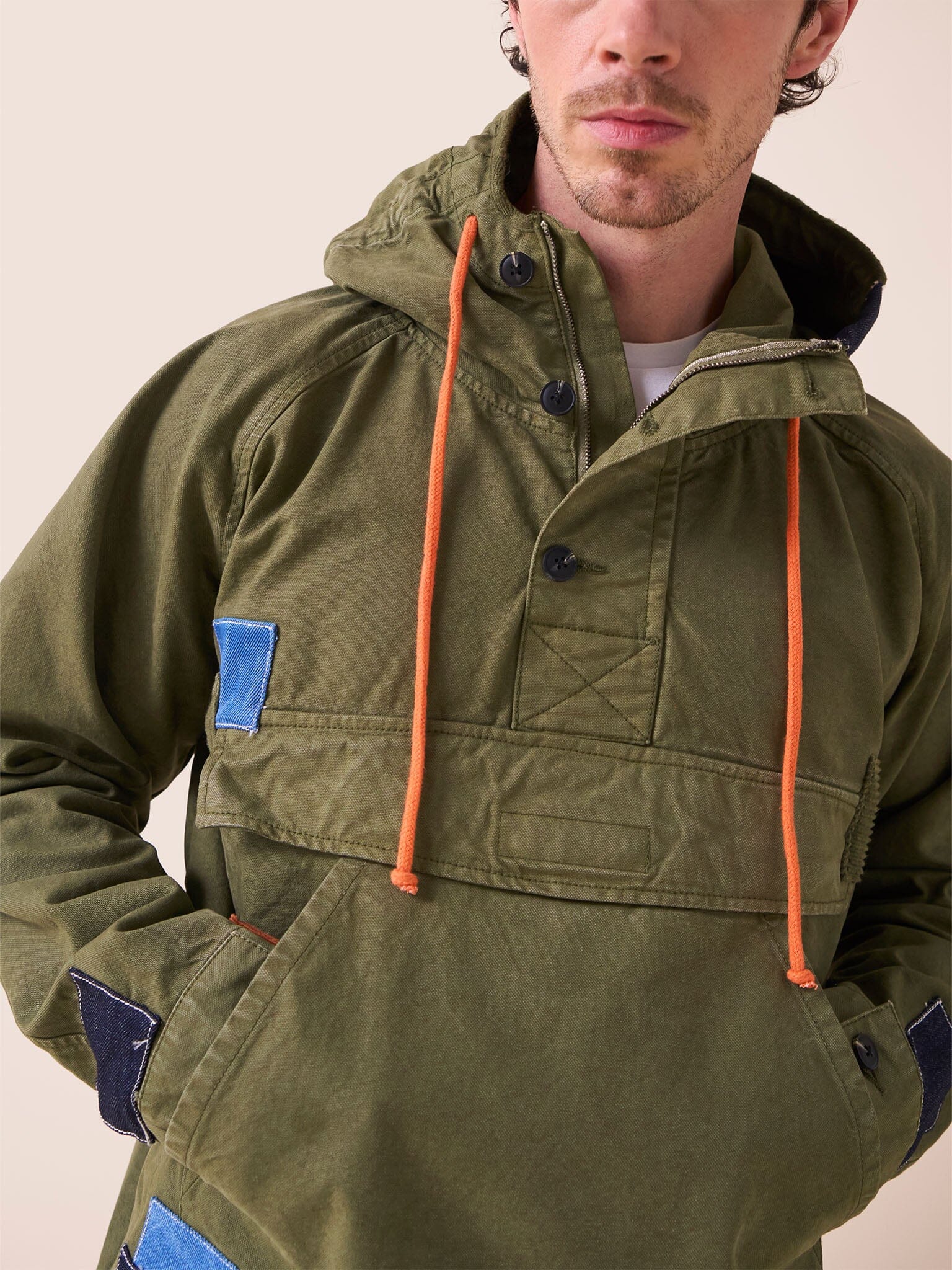 Oslo Cotton Patchwork Overhead Parka Jacket in Khaki Outerwear- Gandys