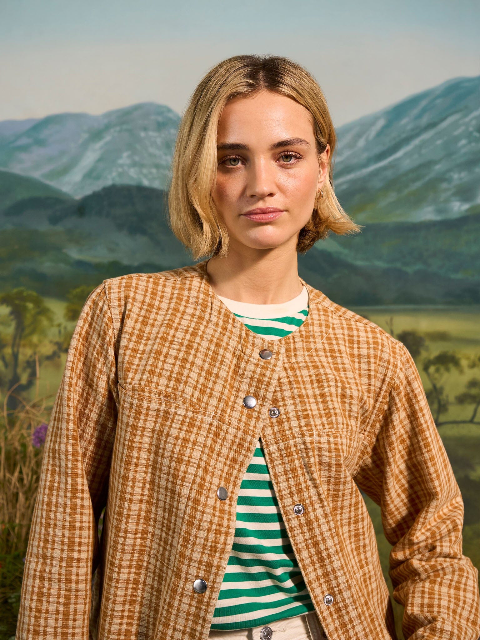Provence Cotton Collarless Jacket in Mustard Check Outerwear- Gandys