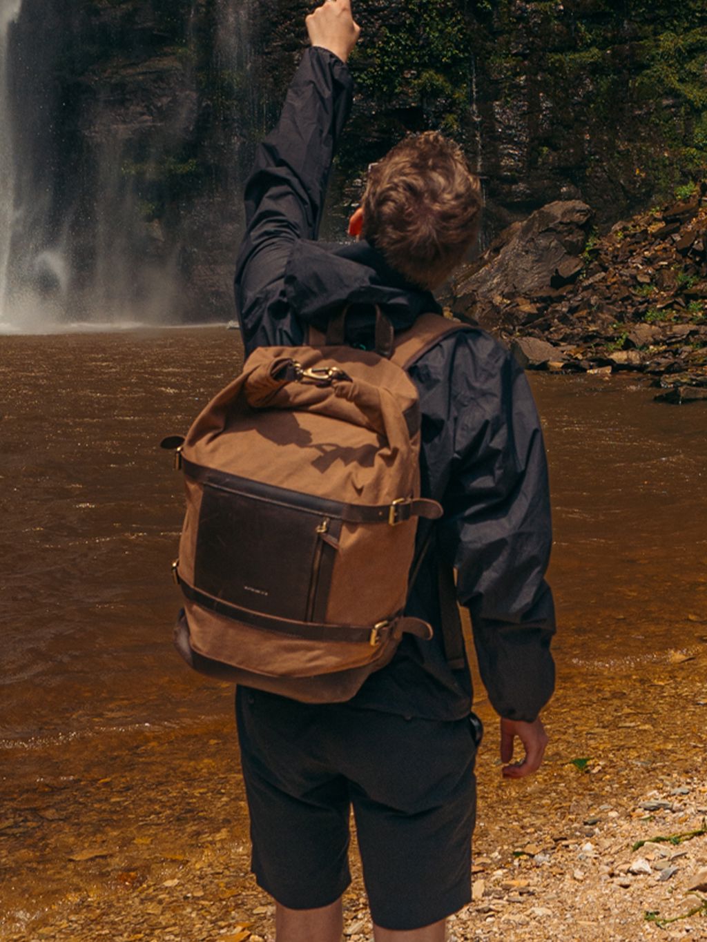 Waxed Cotton Roll Top Backpack in Sand Bags- Gandys