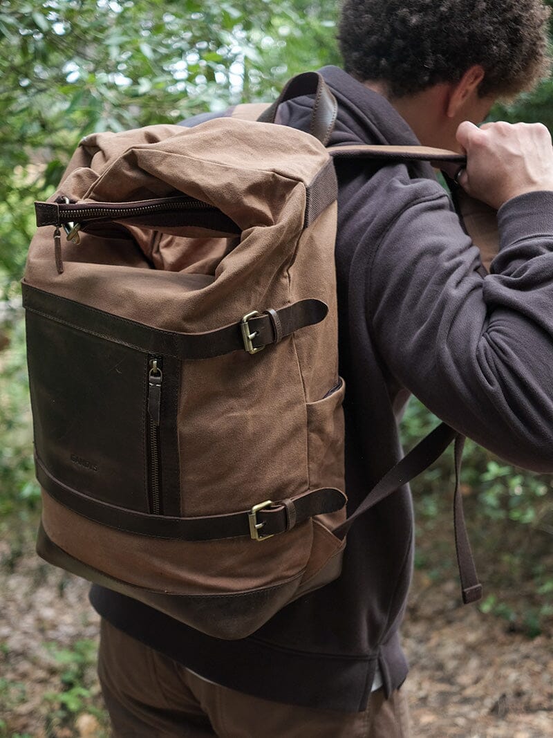 Waxed Cotton Roll Top Backpack in Sand Bags- Gandys