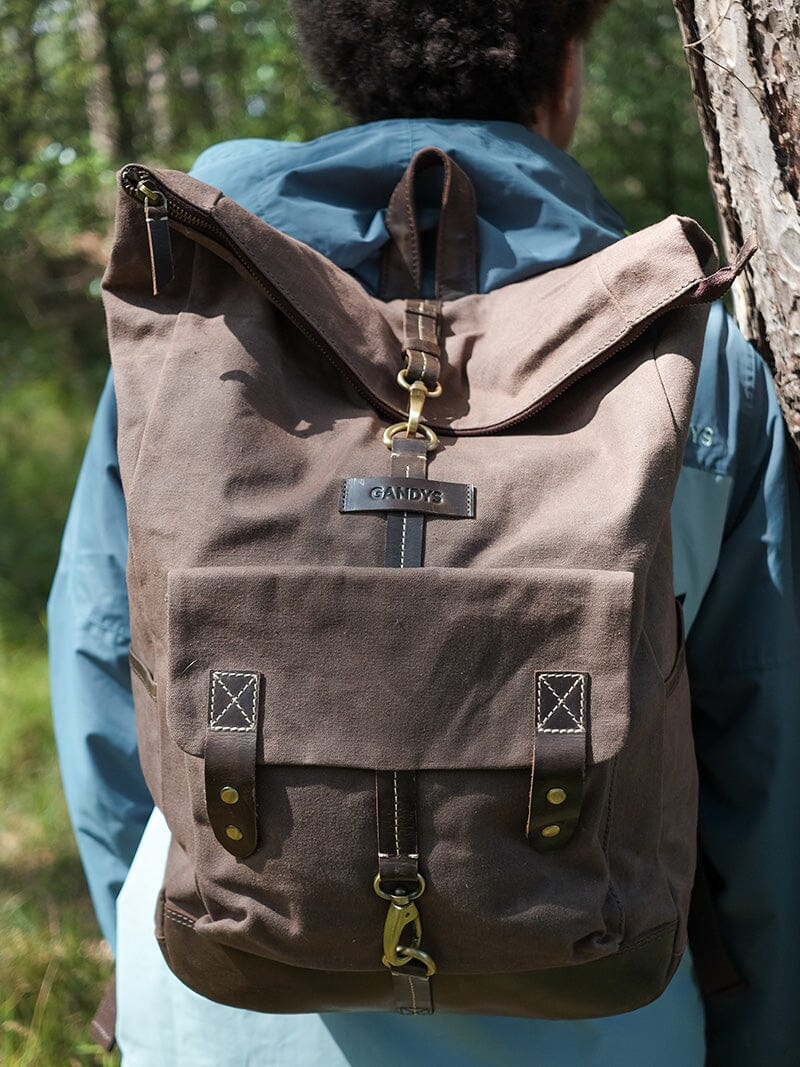 Waxed Cotton Roll Top Clip Backpack in Chestnut Bags- Gandys
