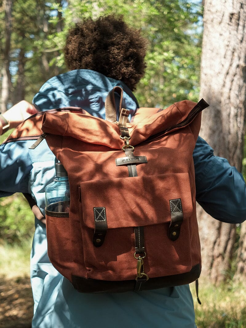 Waxed Cotton Roll Top Clip Backpack in Orange Bags- Gandys